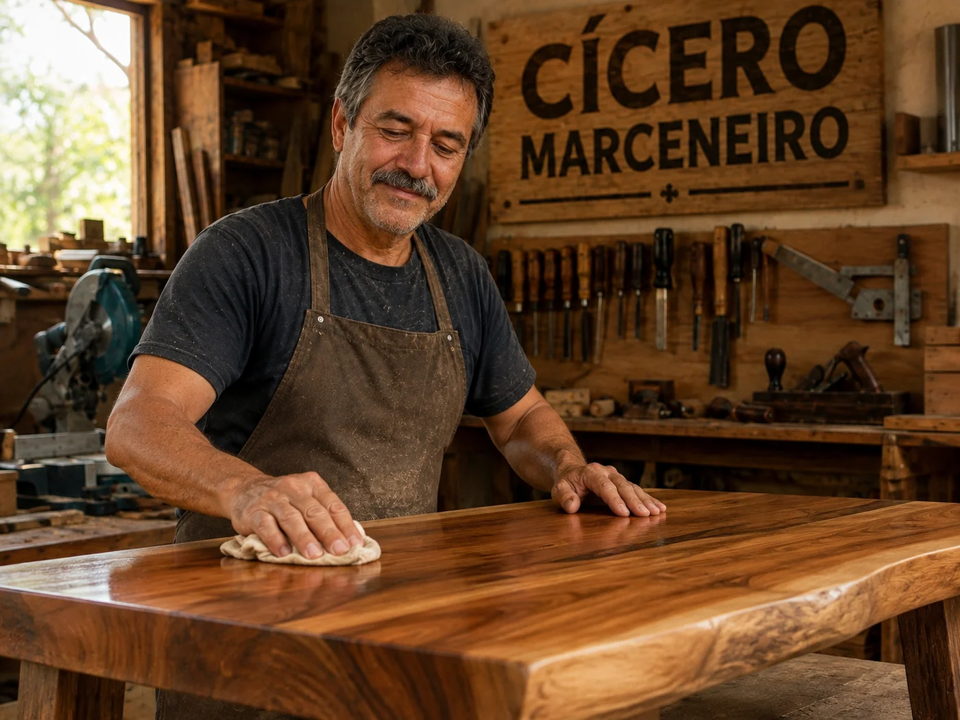 Cícero dando acabamento em uma mesa de madeira